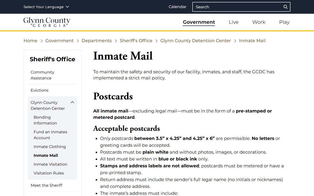 Glynn County Detention Center inmate mail postcard rules