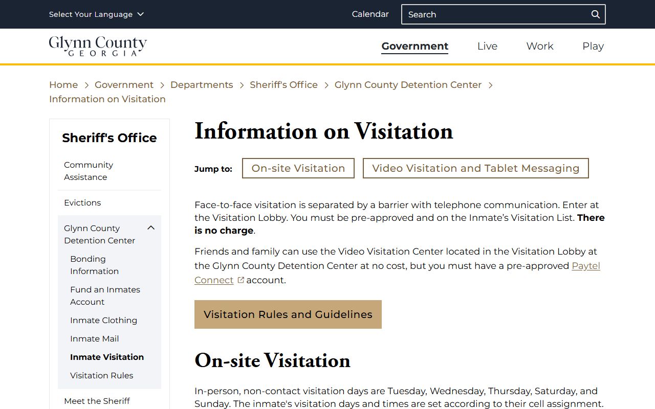Glynn County Detention Center visitation information and PayTel video visit rates